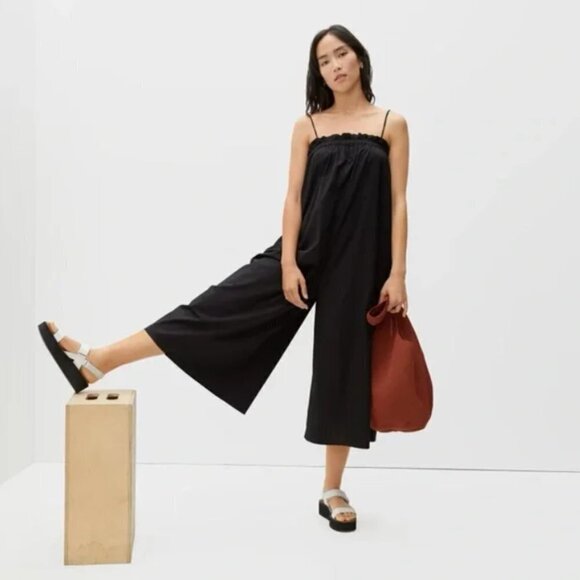 Everlane The Flowy Jumpsuit Wide Leg Breathable Cotton Square Neck Black X Small - Picture 1 of 10